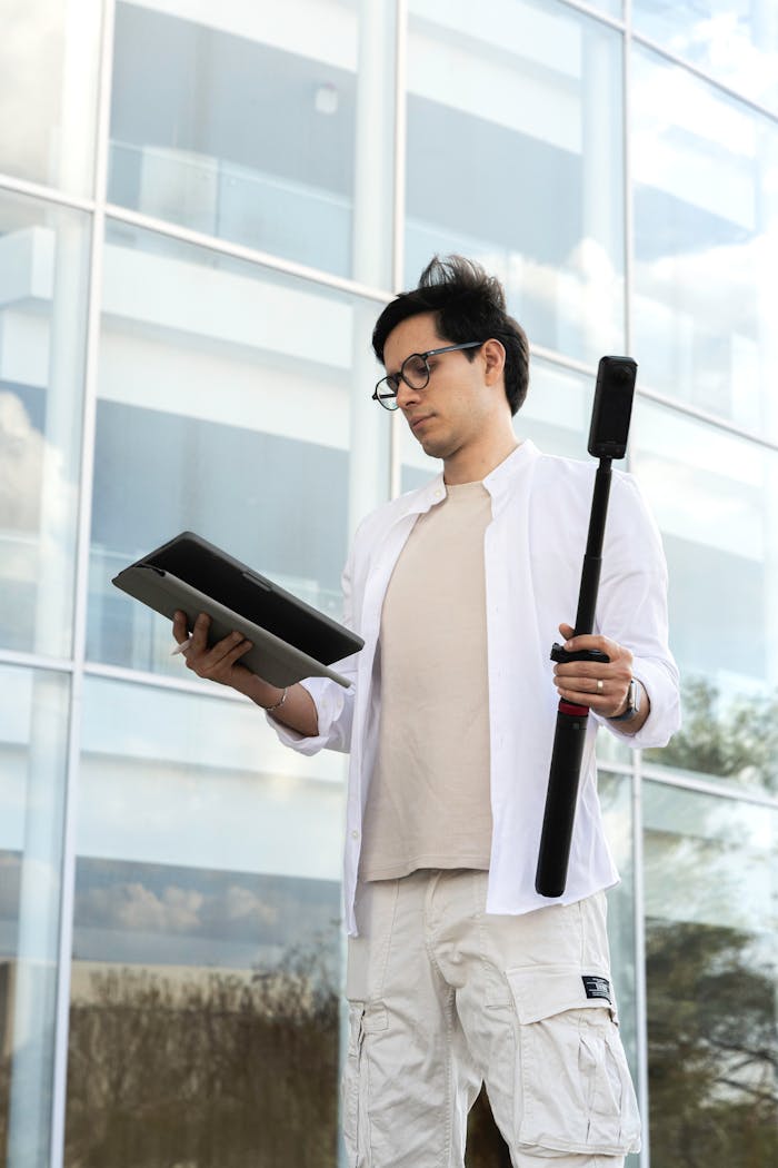 Man outdoors using tablet and stick camera for content creation.